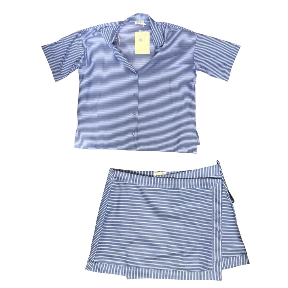 Sabo Skirt Blue White Pinstripe Two Piece Set Shirt and Wrap Mini Skirt Size 12 - Picture 2 of 2